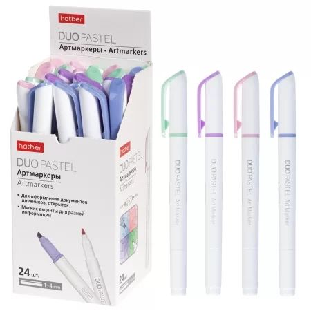 Текстовыделитель "Hatber. Duo PASTEL" 1-4мм, двусторон., мягкий наконечник, ассорти 4 цвета