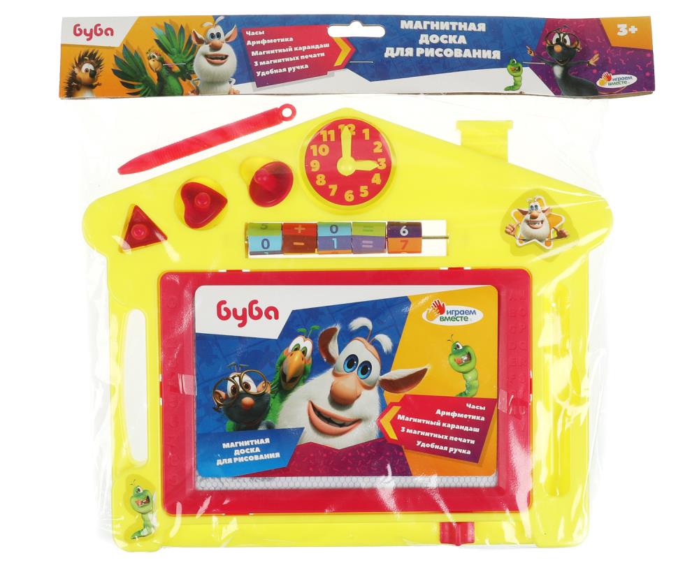 Доска магнитная для рисования 27*23см "Буба" ч/б, 3 штампа, часы, счеты
