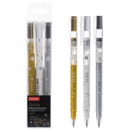 Набор гелевых акриловых ручек Hatber  3 цв. "Aura" золото, серебро, белая, 0,8мм