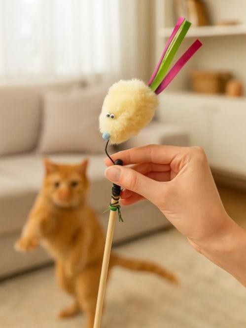 Игрушка для кошек "Мышка", бежевая с лентами