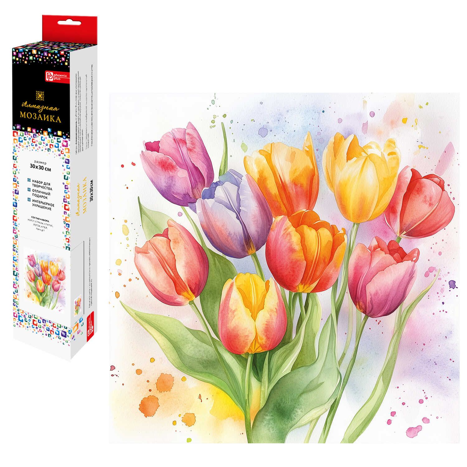 Мозаика алмазная по номерам на холсте (в рулоне) 30*30см "Акварельные тюльпаны"