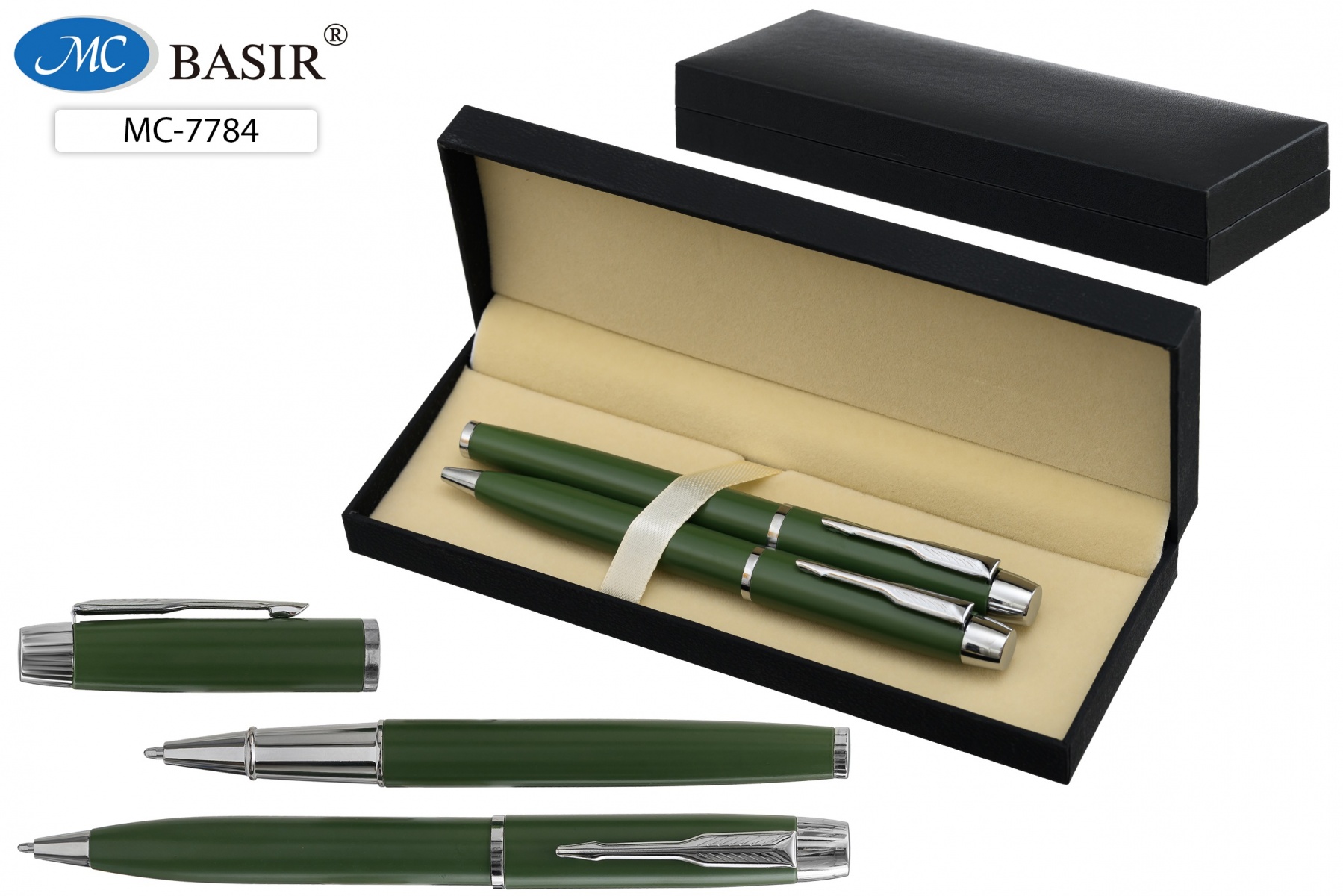 Набор ручек в футляре 2шт. "Зеленый" с пов.механизмом+ ручка с колпачком, синий