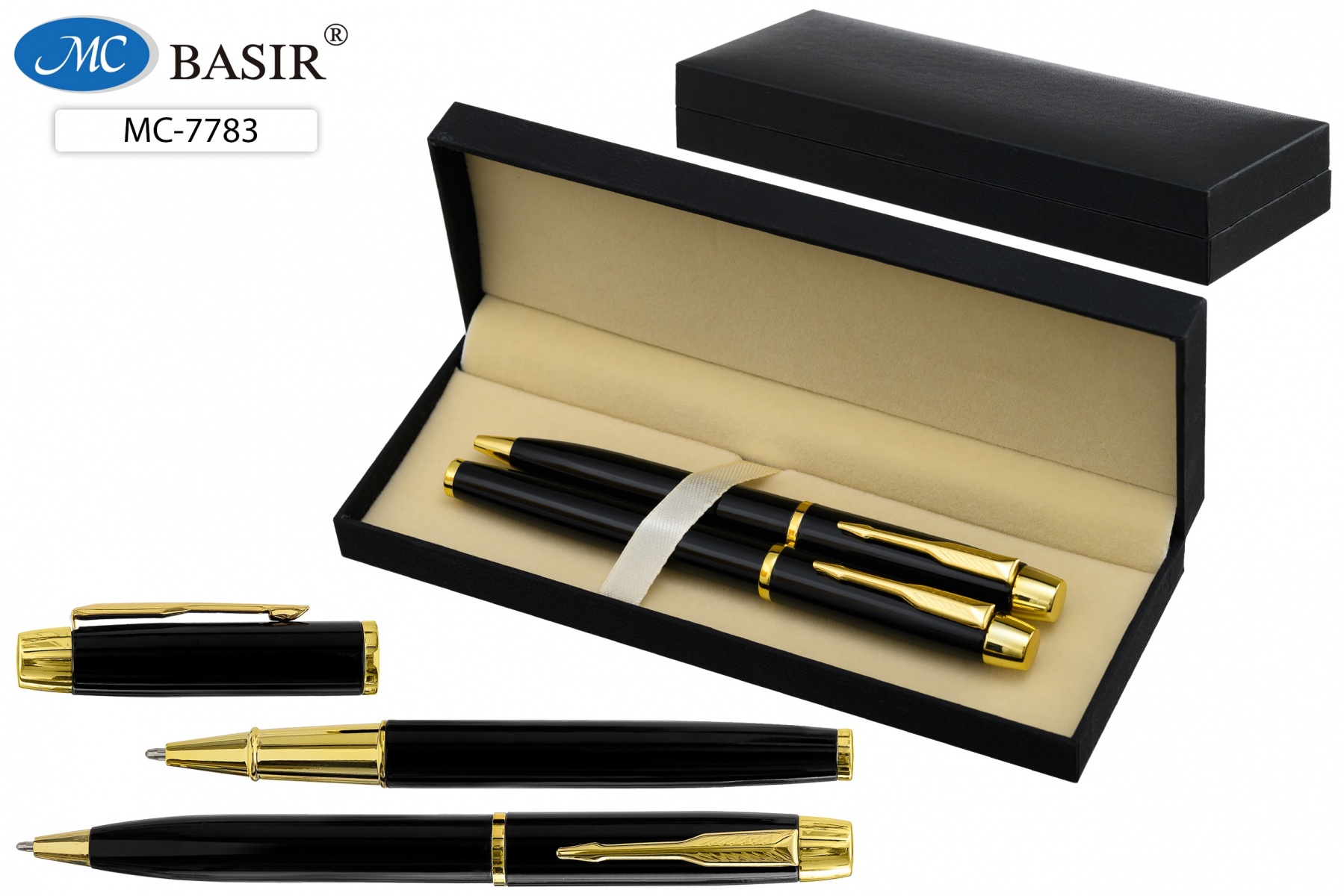 Набор ручек в футляре 2шт. "Черный" с пов.механизмом+ ручка с колпачком, синий