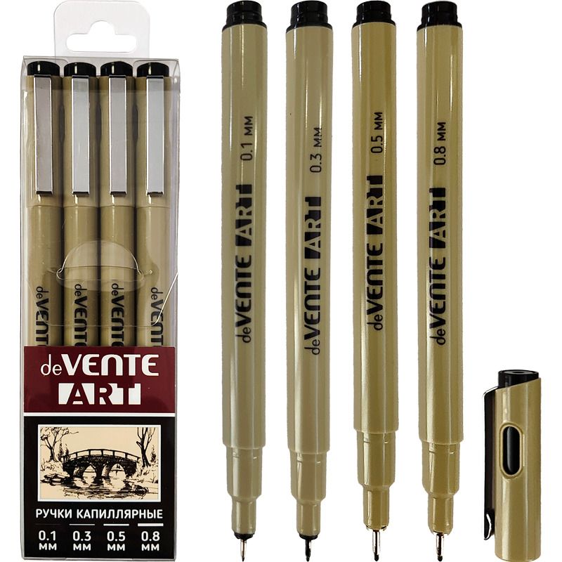 Набор капиллярных ручек "deVENTE. Art" 4шт., d=0,1, 0,3, 0,5, 0,8 мм, чернила - черные ПЕРМАНЕНТНЫЕ