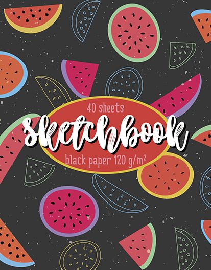 Скетчбук А6  40л., гребень, 120гр/м2 "Арбузики" черная бумага, софт-тач, выб.УФ-лак