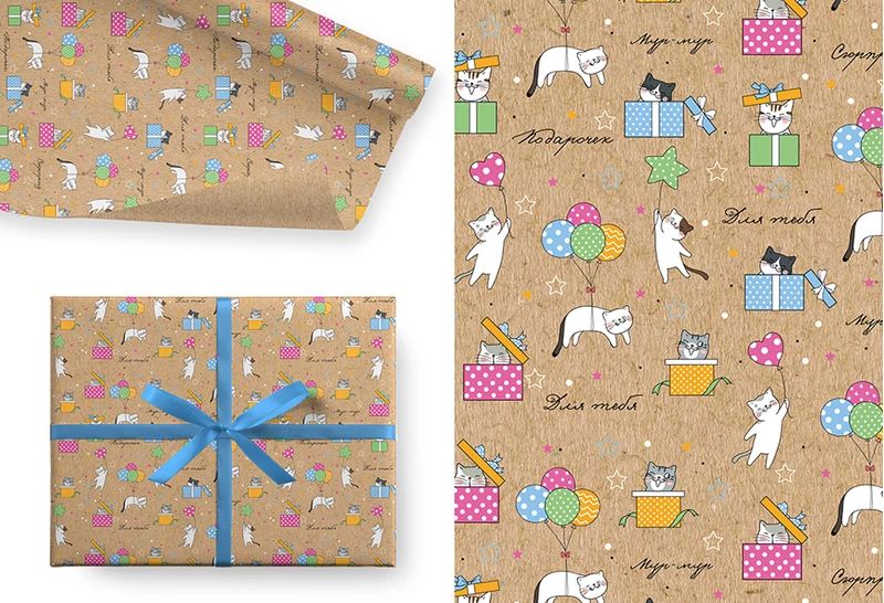 Бумага упаковочная 70*100см  "Коты с подарками"