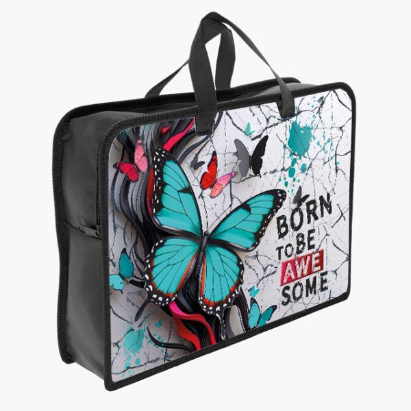 Папка А4 (340*245*75) с ручками, молния, пластик "Бабочка аквамарин"