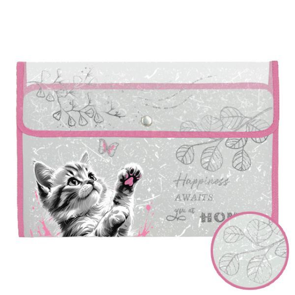 Папка д/тетрад. А4 (340*235*55) кнопка, пластик, фольга "Котик с бабочкой"