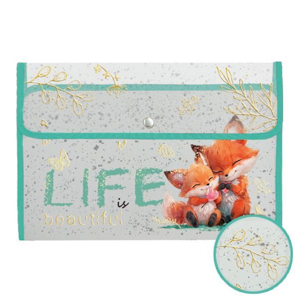 Папка д/тетрад. А4 (340*235*55) кнопка, пластик, фольга "Лисички"