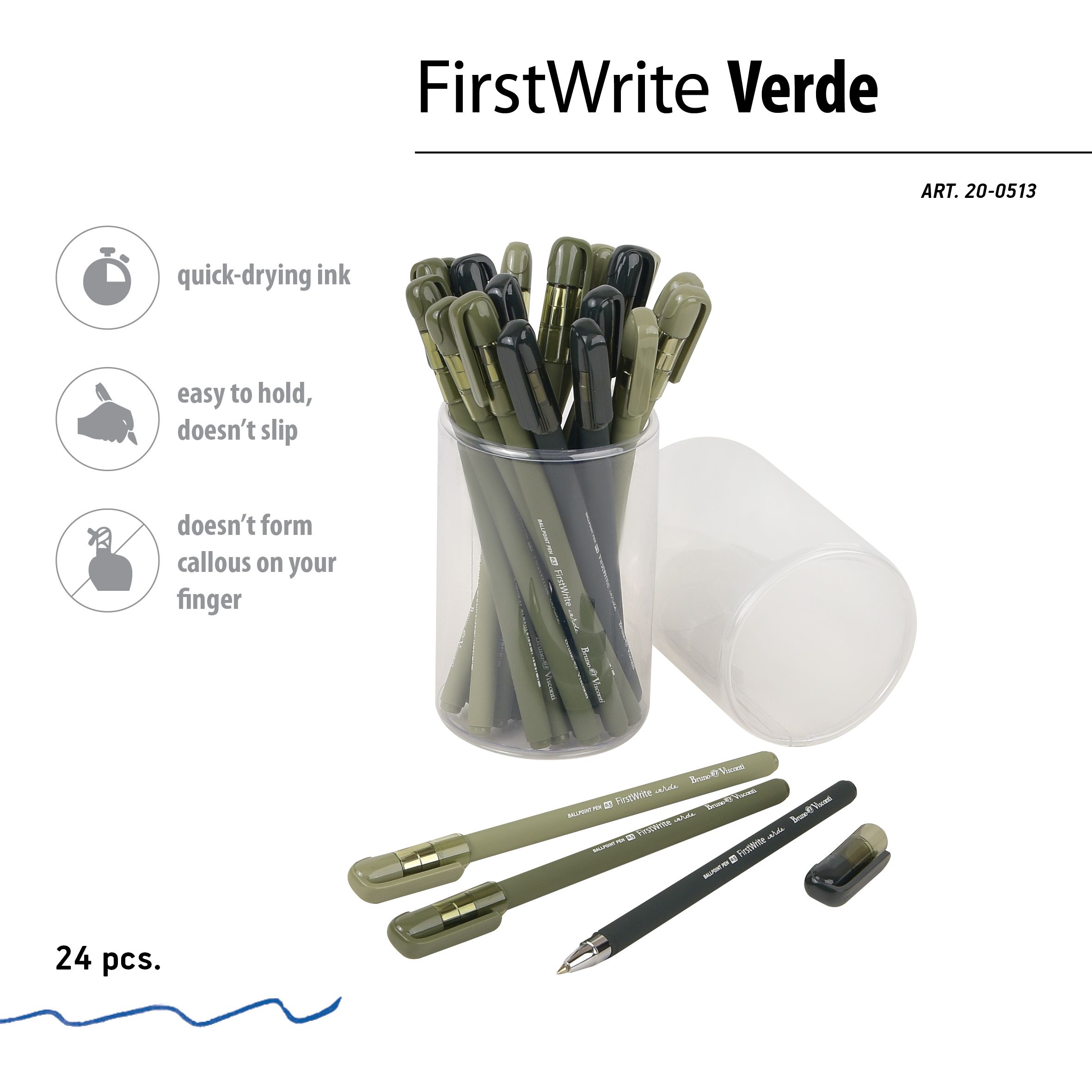 Ручка шар. BV "FirstWrite. Verde" 0,5мм, синяя, 3 вида