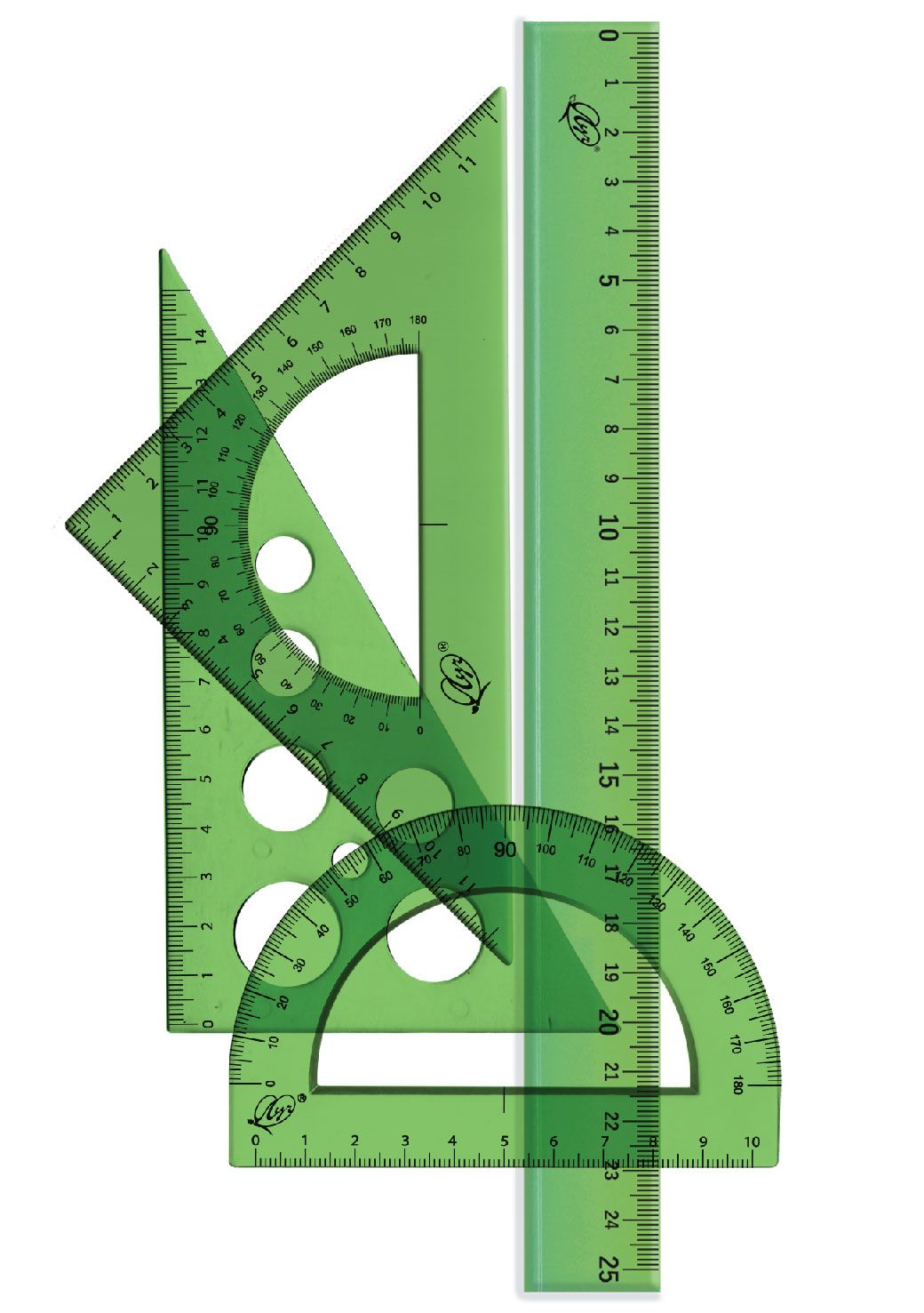 Набор геометрический (2 треуг. 25см лин., трансп.) прозр. зеленый