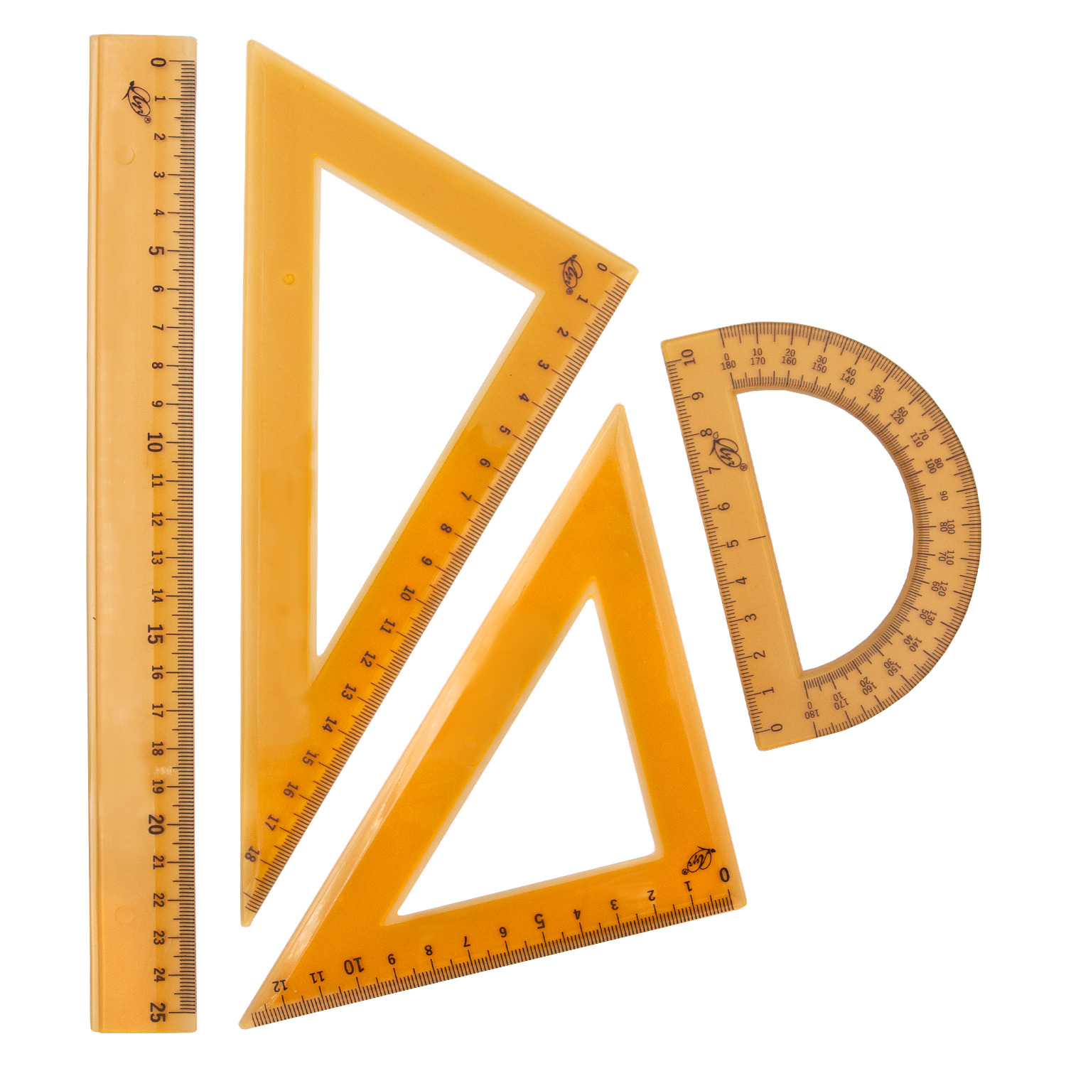 Набор геометрический (2 треуг. 25см лин., трансп.) прозр. оранжевый