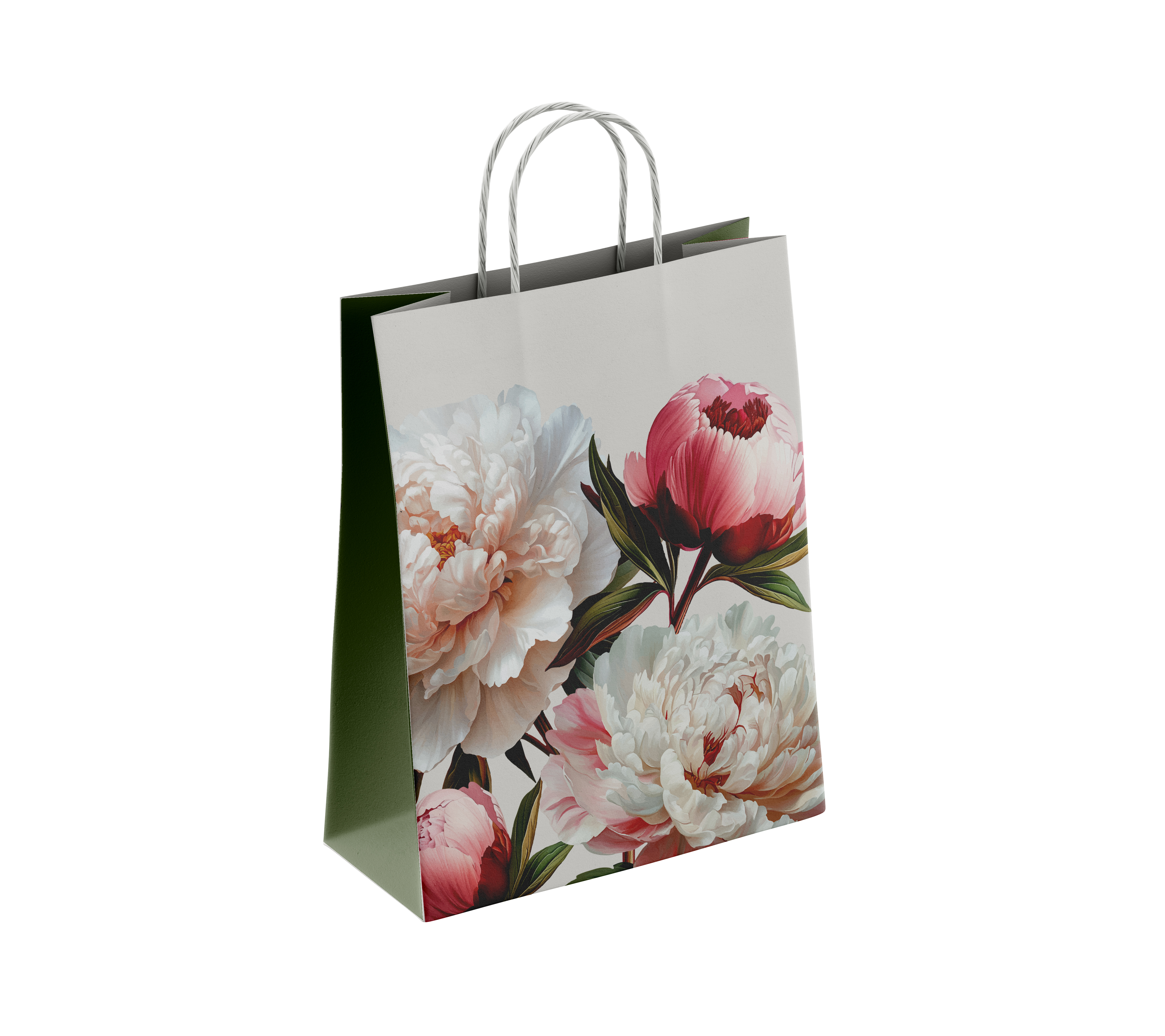 Пакет подар. бумажн. 25*22*12 см, 80 гр/м2  Пион белый, крученые ручки