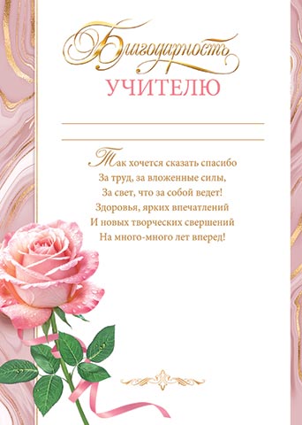 Благодарность учителю А4 с текстом 210гр