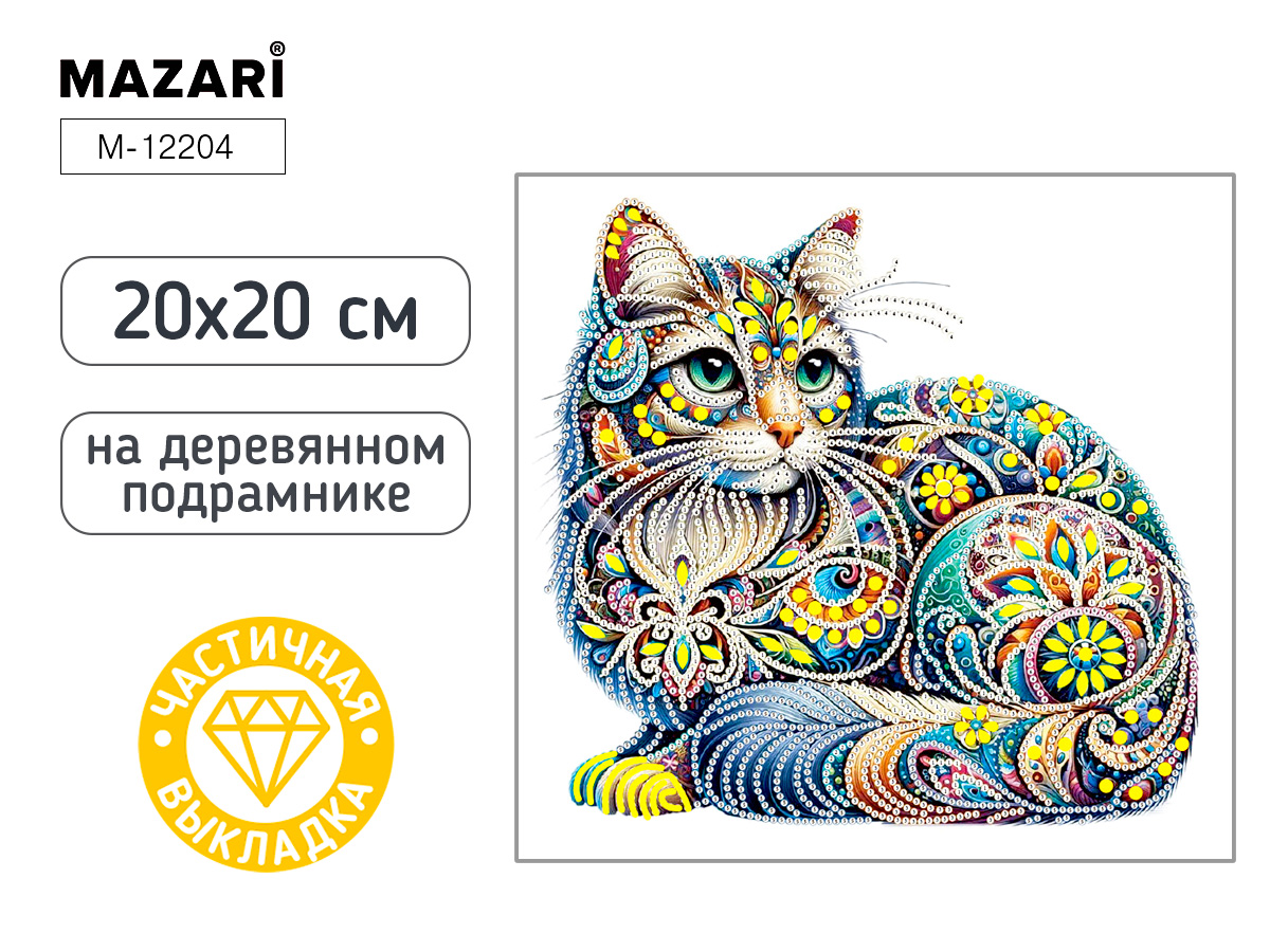 Мозаика алмазная по номерам на холсте 20*20см "Кошка" с подрамником (частичная выкладка)