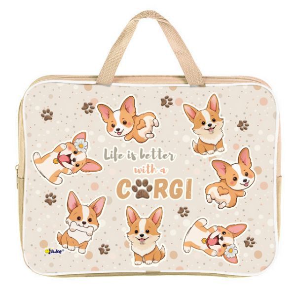 Папка А4 (350*265*80) с ручками, молния, ткань "Весёлые корги"