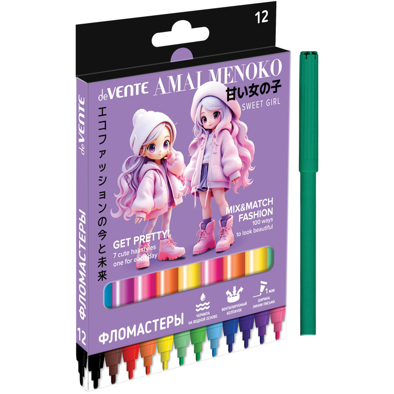 Фломастеры  12цв "deVENTE. Amai Menoko"", вент.колпачок картон