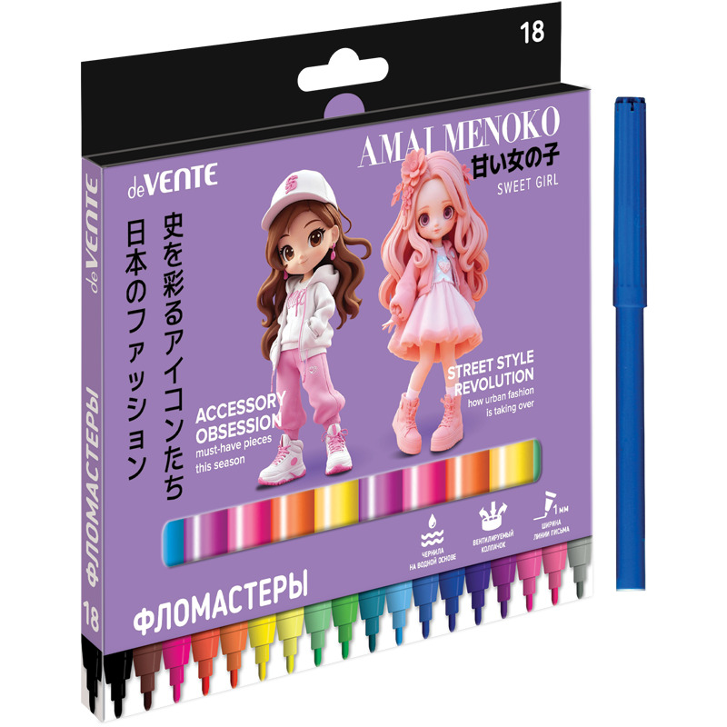 Фломастеры  18цв "deVENTE. Amai Menoko ", вент.колпачок , карт. упак