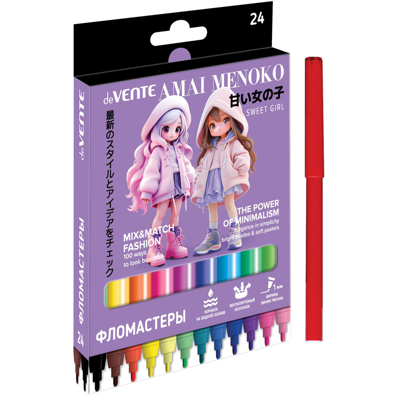 Фломастеры  24цв "deVENTE. Amai Menoko", вент. колпачок, карт.коробка