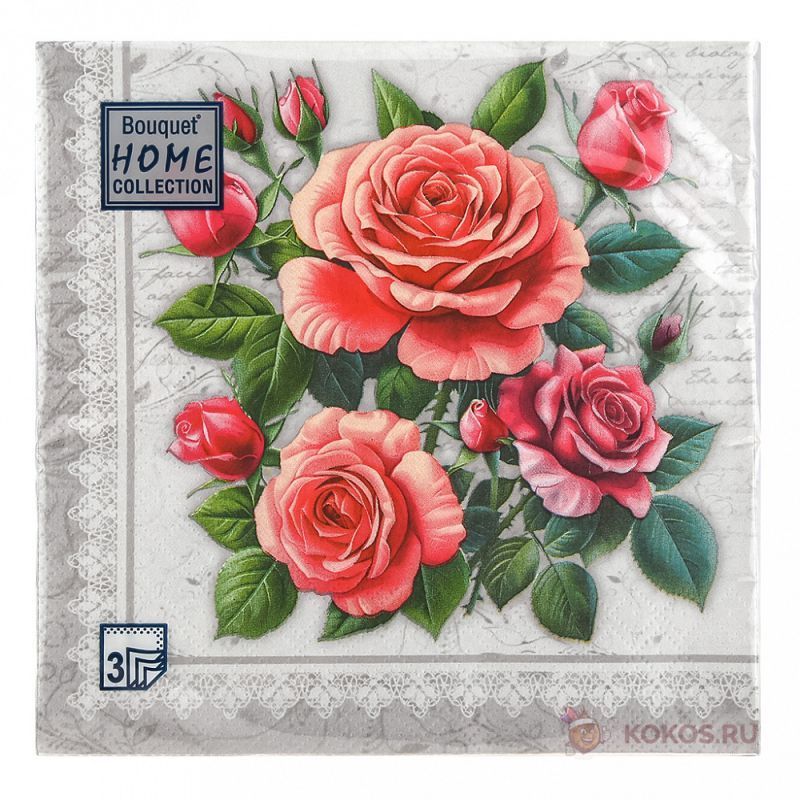 Салфетка Bouquet de Luxe "Розы в рамке.Серебро" 24*24см, 25шт., 3-х слойная