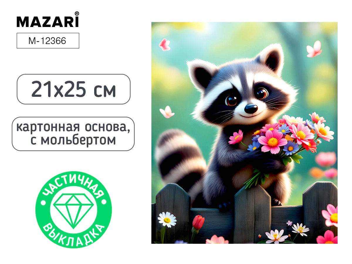 Мозаика алмазная по номерам на картоне с мольбертом  21*25см "Енот" (частичная выкладка)