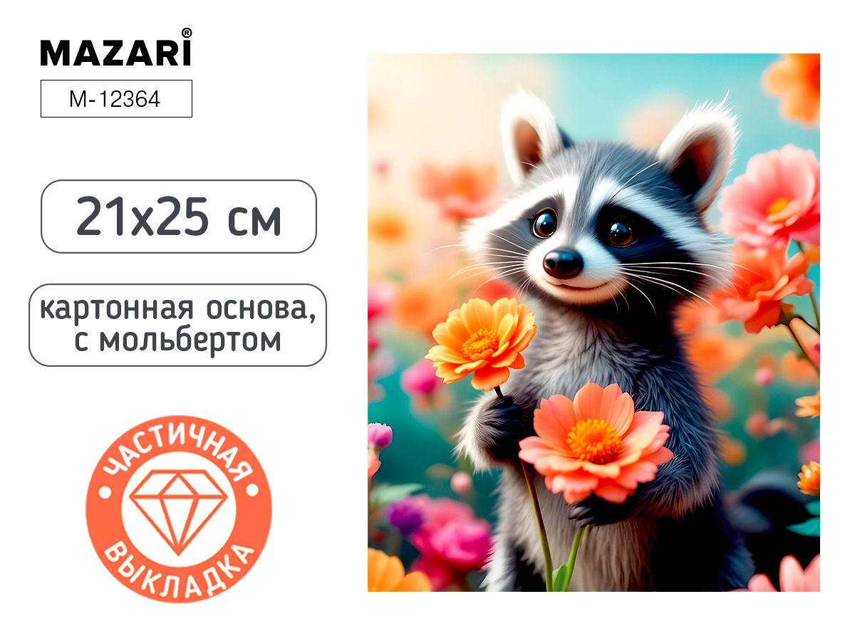 Мозаика алмазная по номерам на картоне с мольбертом  21*25см "Енот" (частичная выкладка)