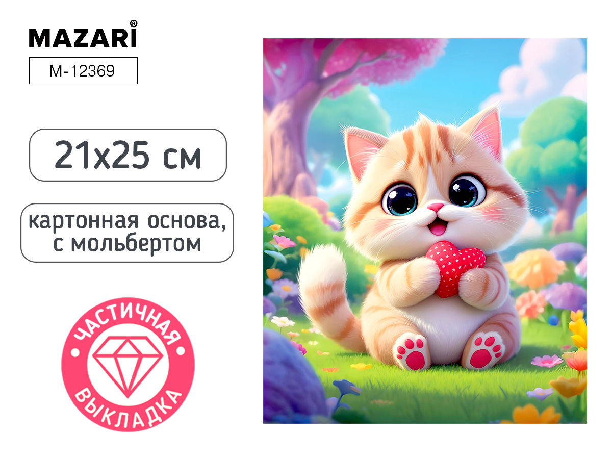 Мозаика алмазная по номерам на картоне с мольбертом  21*25см "Котик" (частичная выкладка)