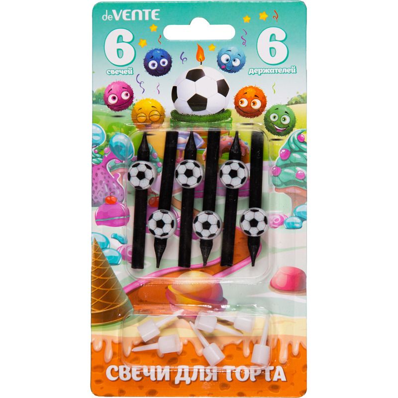 Свечи для торта Football, 6шт, 7,5x0,55 см в виде футбольных мячей и 6 держателей