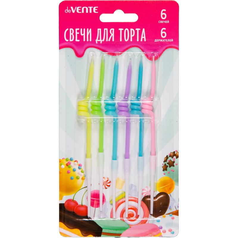 Свечи для торта Pastel Wave, 6шт, 6,5x0,5см с держателями, пастельные оттенки