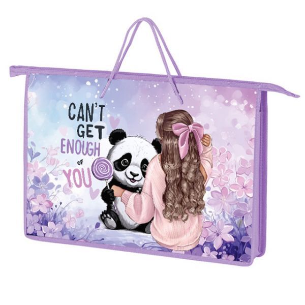 Папка А4 (340*245*45) с ручками, молния, пластик "Девочка с пандой"