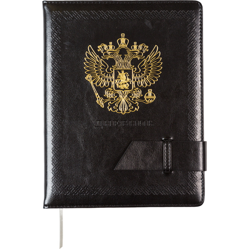 Дневник универсальн. обл. кожзам, тв.пер. "Герб"  с поролоном, хлястик ,48л, черный