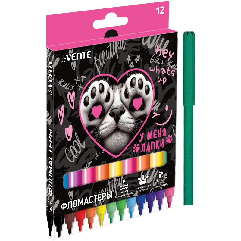 Фломастеры  12цв "deVENTE. У меня лапки", вент.колпачок картон