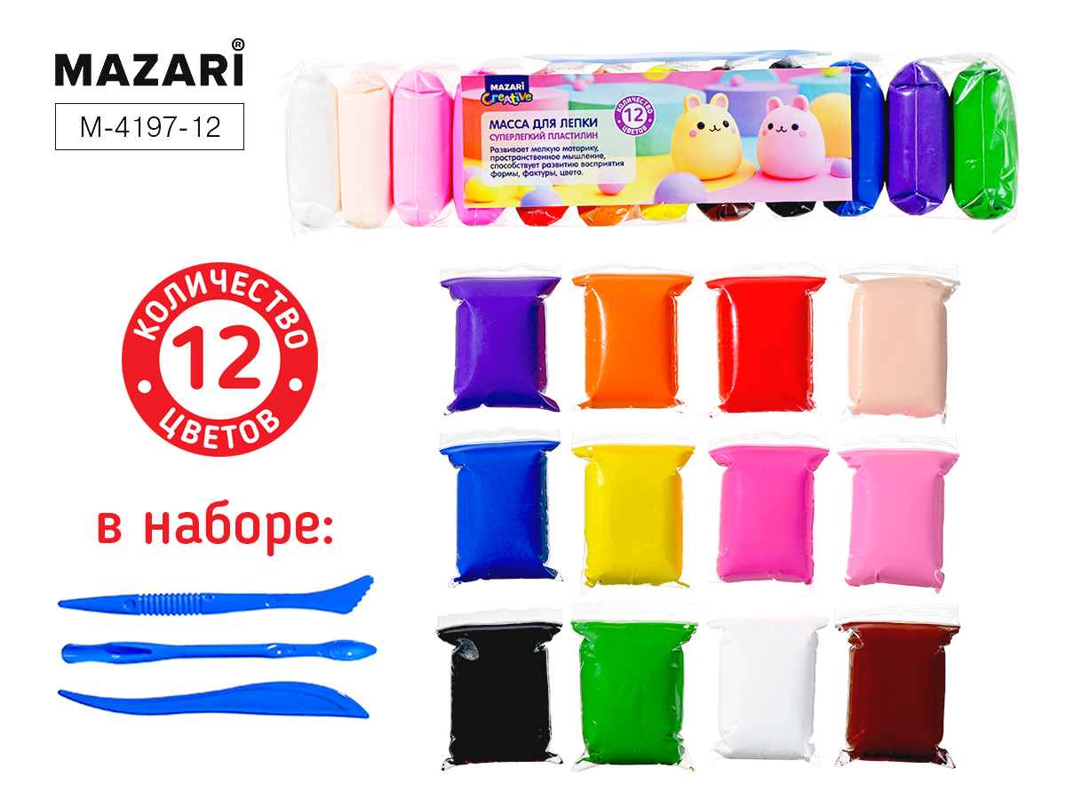 Пластилин супер легкий  12цв*12гр, 3 стека