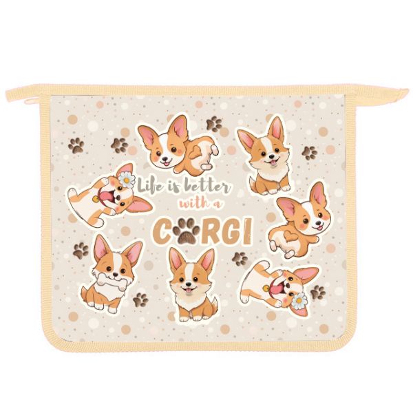 Папка д/тетрад. А5 (240*205*45) 1отд. молния сверху, пластик "Весёлые корги" диз.с двух сторон