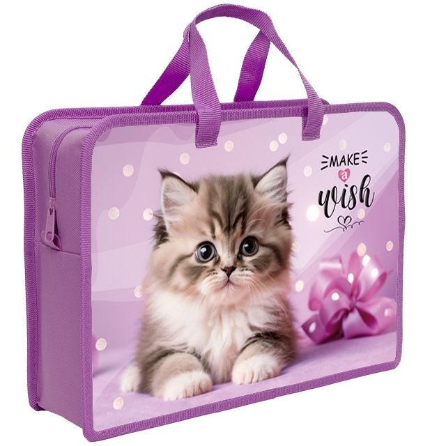 Папка А4 (340*245*80) с ручками, молния, пластик "Котик в горошках"