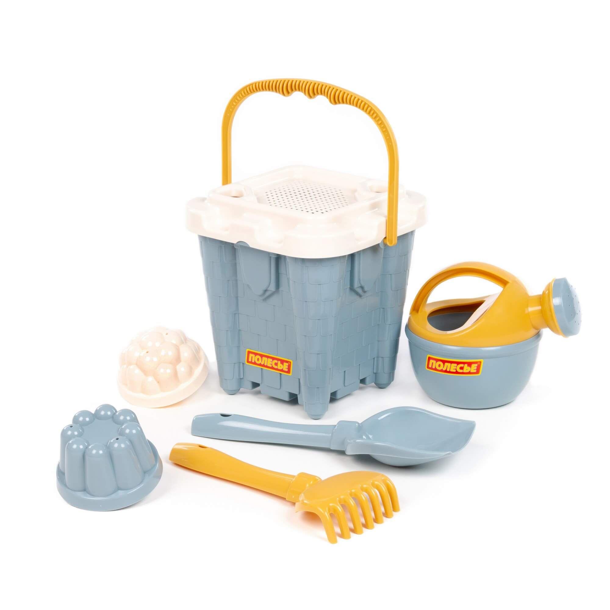 Набор игрушек "Серо-голубой" ведро-замок большое, ситечко-крепость большое, лопатка, грабельки, 2 фо