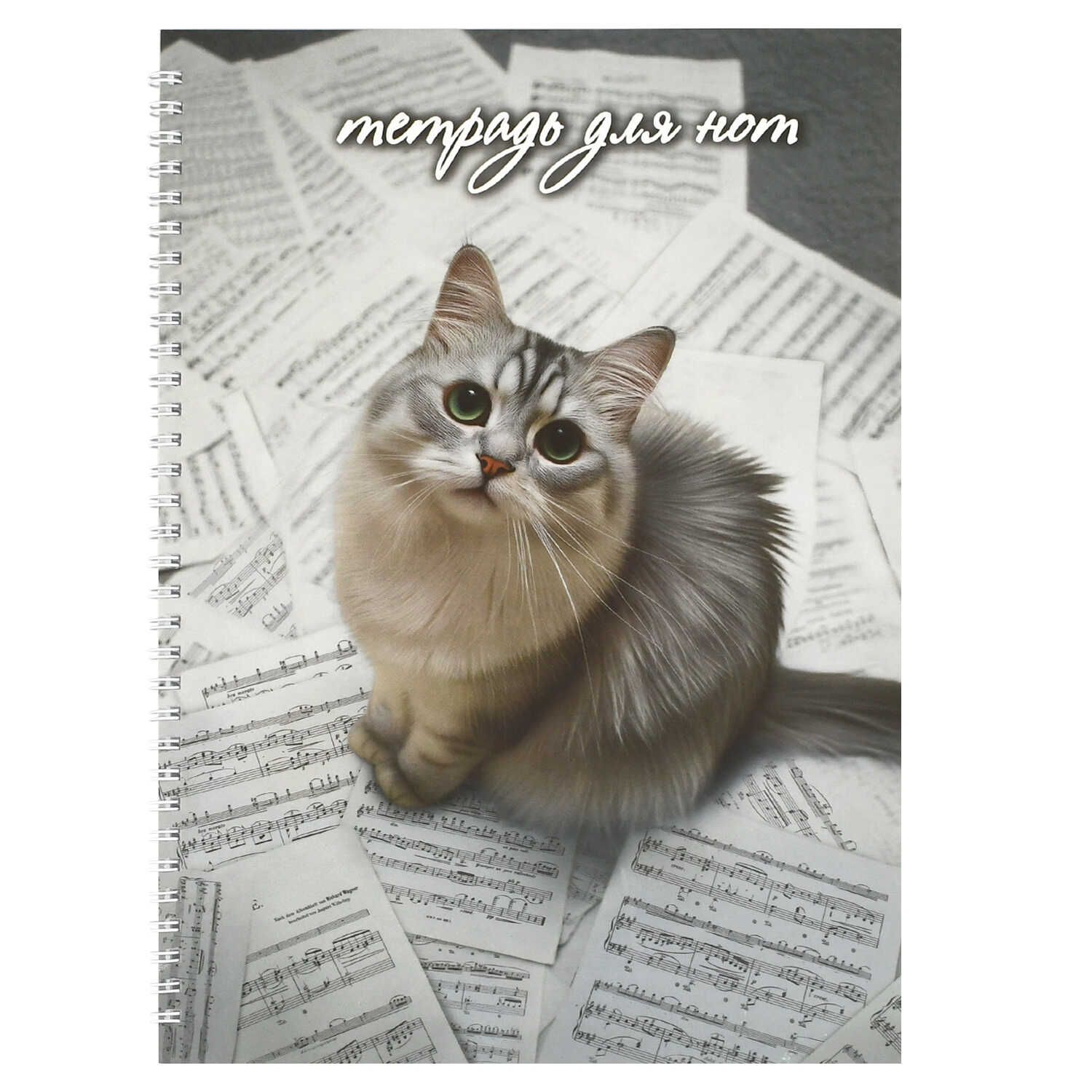 Тетрадь для нот А4 32л., вертик., гребень "Кот и партитура" мат.лам.