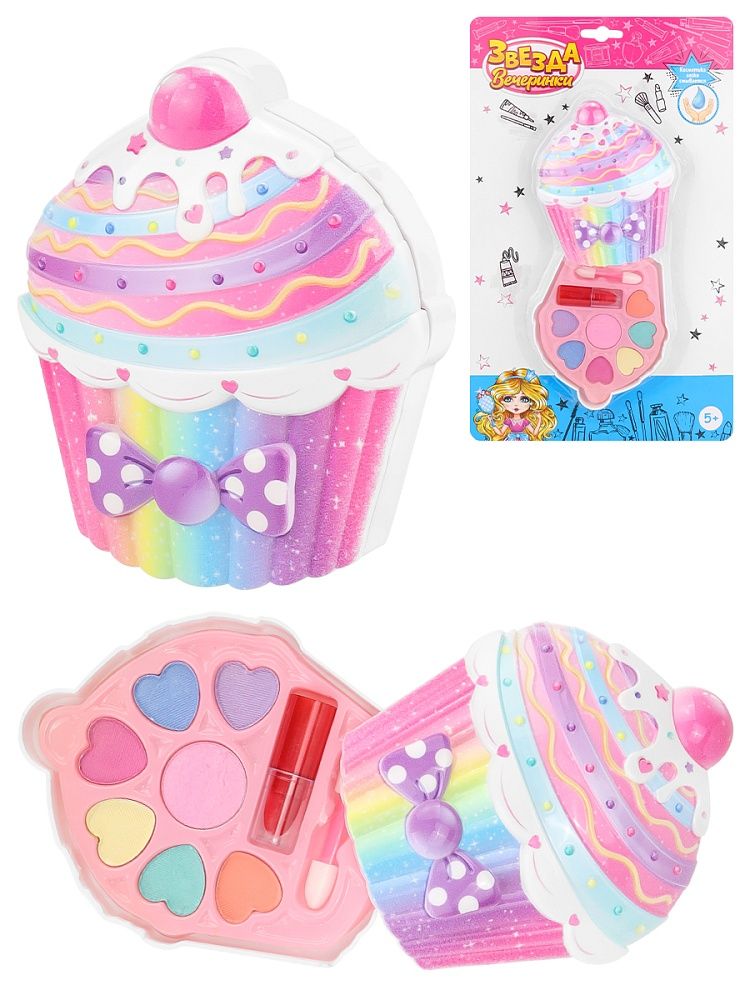 Детская косметика: тени для век 7шт, помада для губ 1шт, аппликатор