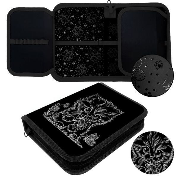 Пенал 1 отд. с 2-мя откид.пл. (200*140*40) молния, ткань, 3D лак "Котик с ромашкой"