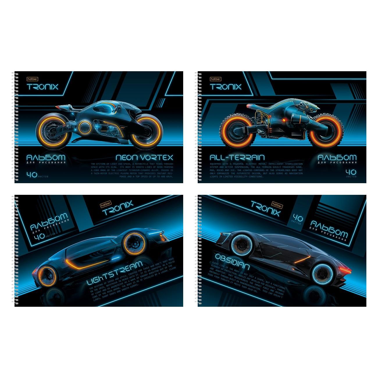 Альбом А4 40л гребень "Троникс" пл. 100 гр/м, обл.мел.картон, выб.лак, перф.на отрыв, 4диз.в блоке