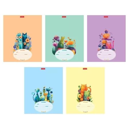 Тетрадь А5 12л лин. Hatber "Цветочные коты" обл.мел.картон, тисн., 5диз.в блоке