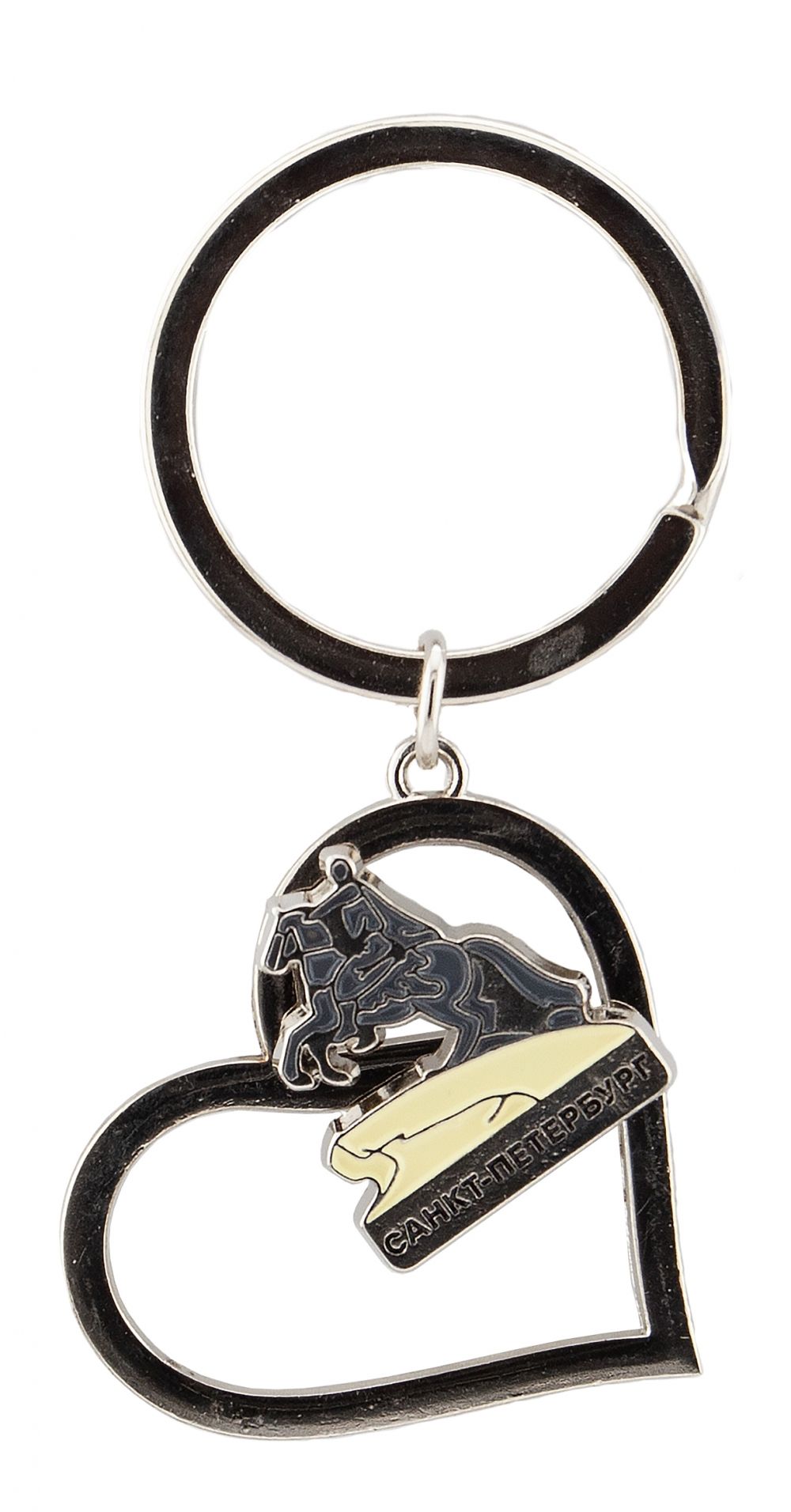 Брелок металл, сердце с движ.фигуркой "СПб. Медный", цв.серебро
