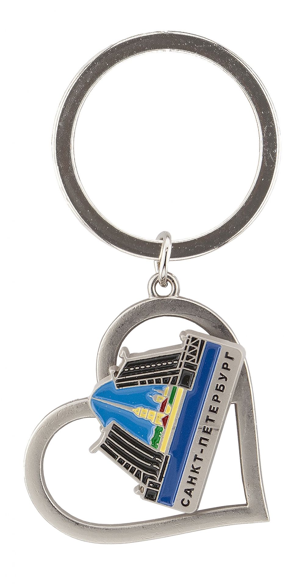 Брелок металл, сердце с движ.фигуркой "СПб. Мосты", цв.мат.хром