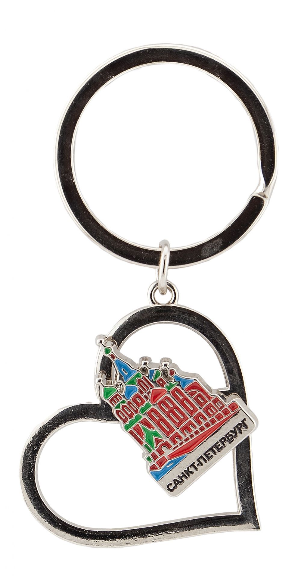 Брелок металл, сердце с движ.фигуркой "СПб. Спас", цв.серебро