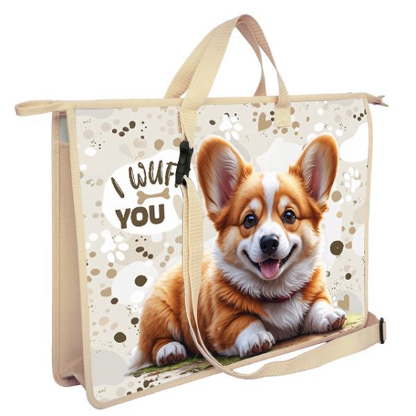 Папка А3 (475*345*80) с ручками, молния, пластик/ткань "Забавный корги"