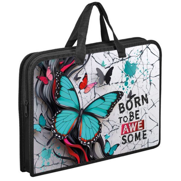 Папка А4 (340*245*40) с ручками, молния, пластик "Бабочка аквамарин"