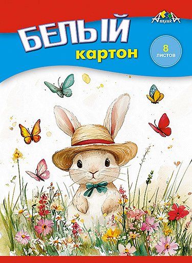 Картон белый А5  8л. немелов., одностор., пл. 200 гр/м2 "Зайка", в папке