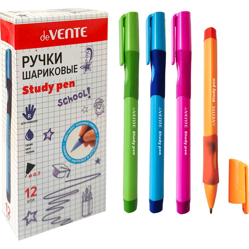 Ручка шар. deVENTE "Study Pen", 0,7мм, синяя,  для правшей, с эргоном. каучуковым держателем