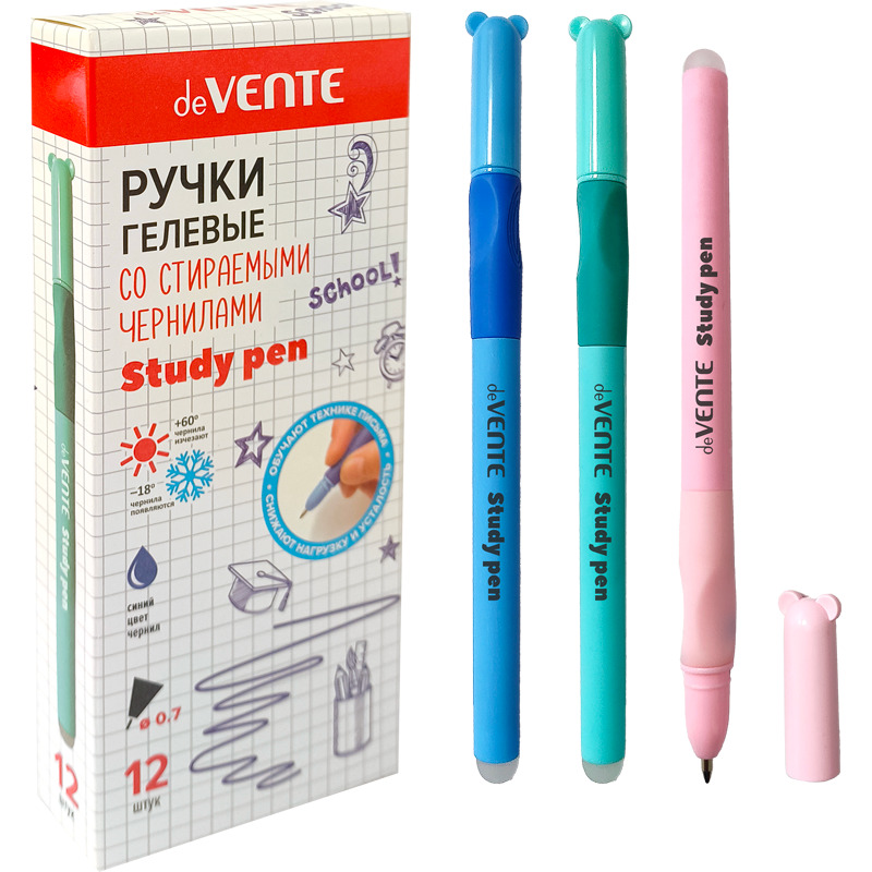 Ручка гелевая стираемая deVENTE "Study Pen. School" синяя, 0,7мм, с покрытием Velvet Touch