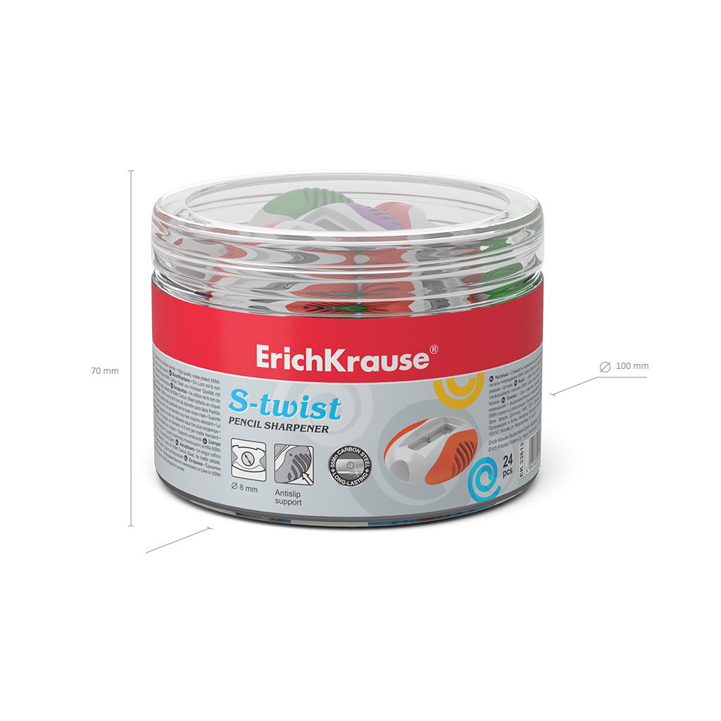Точилка пластиковая ErichKrause S-Twist, ассорти (в тубусе по 24 шт)